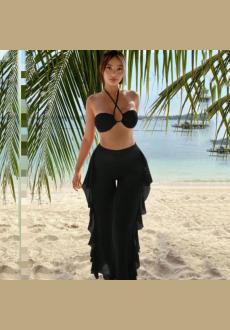 Women Sheer Bikini Sets with Ruffle Cover Up Long Pants Sexy Mesh Swimsuits
