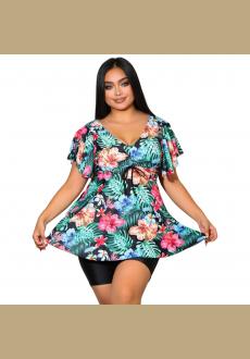 Plus Floral Print V-Neck Top With Drawstring And Boyshorts Black Swimwear Set