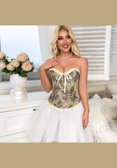 Women Vintage Oil Painting Ruffle Corset Top Lingerie