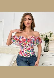 Corset Tops for Women Lace Up Floral Corset Top Puff Short Sleeve Crop Top