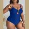 Solid Color Deep V Sexy Hollow Plus Size One-piece Swimsuit