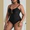 Solid Color Deep V Sexy Hollow Plus Size One-piece Swimsuit
