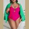 Solid Color Deep V Sexy Hollow Plus Size One-piece Swimsuit