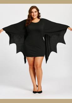 Plus Size Bat Wing Sleeve Mini Dress, Gothic Halloween Costume, Black